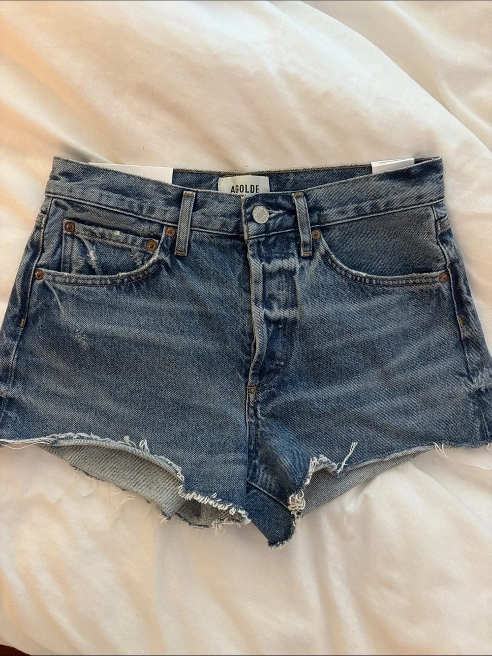 Agolde Distressed Dark Blue High-Rise Denim Shorts